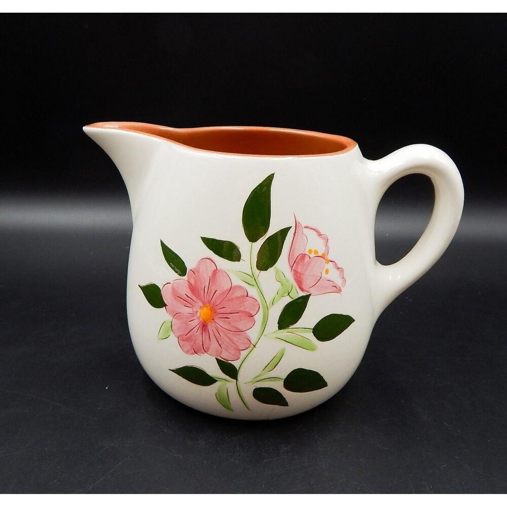 Stangl Pottery Wild Rose Pitcher Pink Flowers Green Leaves Vtg Country Cottage
